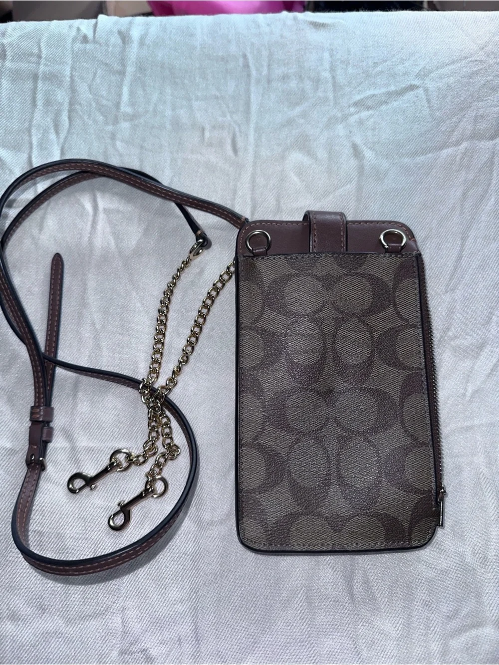 Coach Brown Signature Canvas Crossbody Phone Pouch with Chain Strap